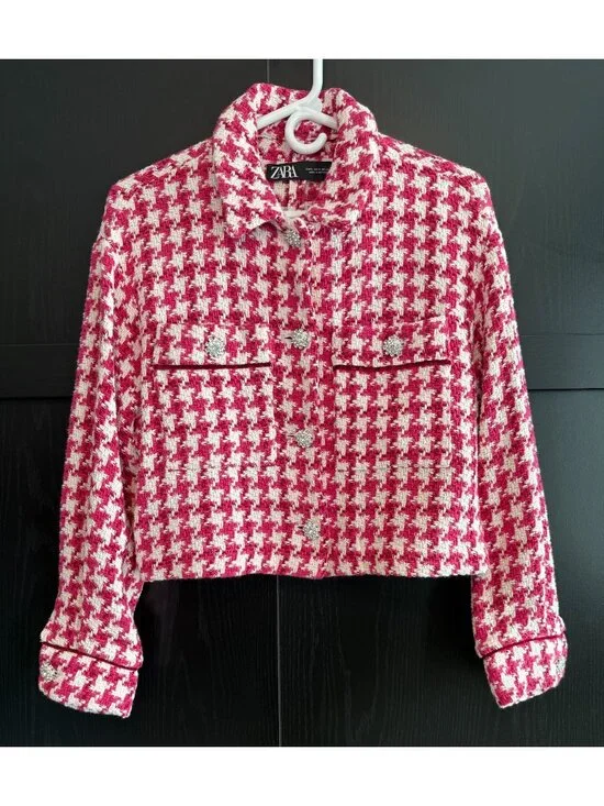 Zara Women's Short Textured Tweed Blazer Jacket Small Raspberry Houndstooth - Picture 1 of 9